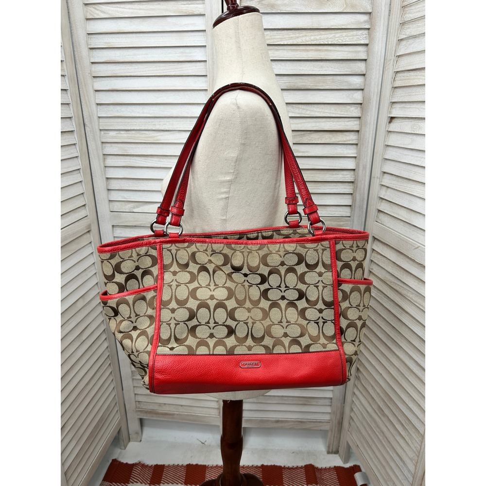 Coach Park Signature Carrie Tote F28728 Khaki Red Leather Monogram Shoulder Bag
